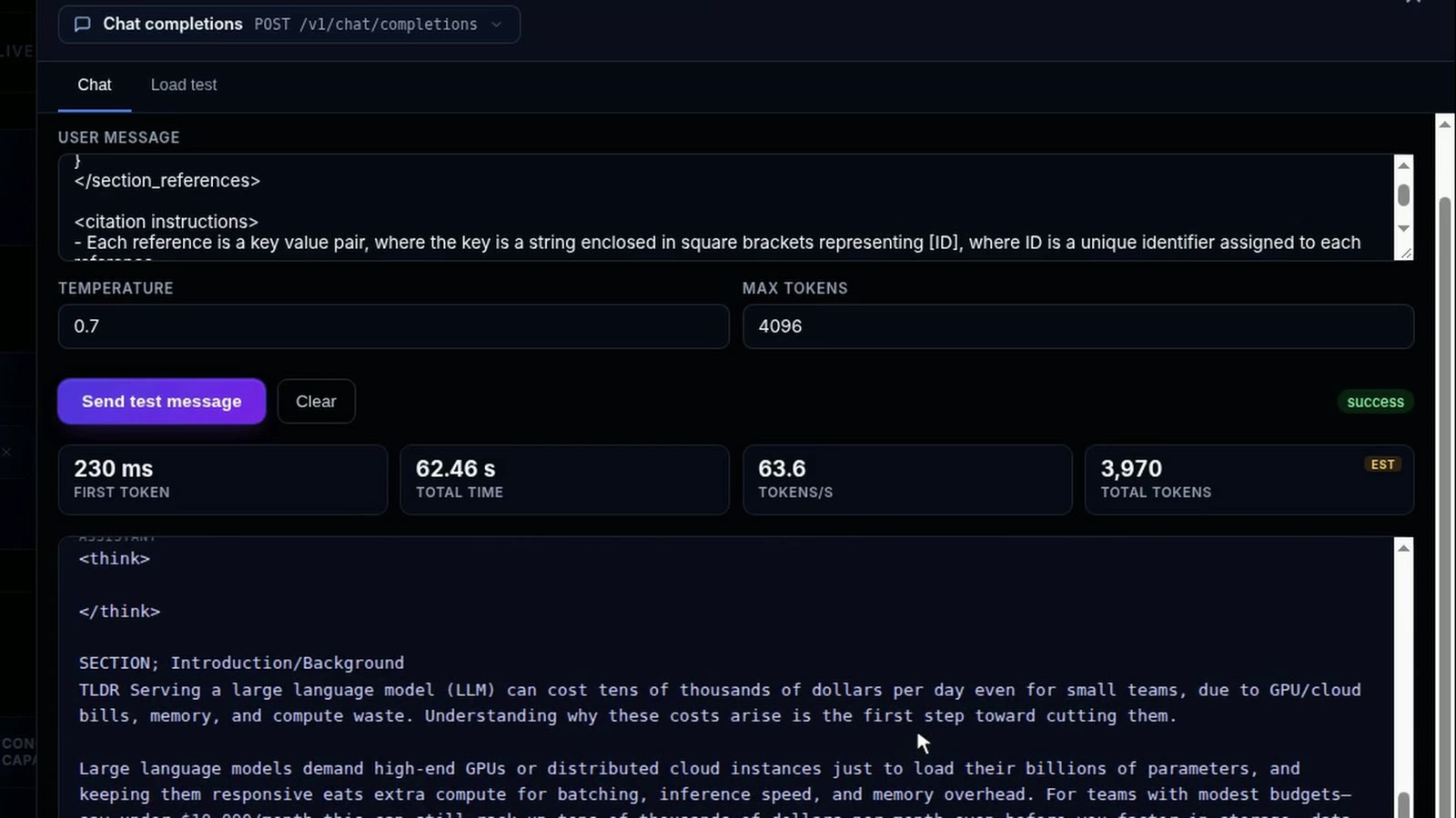 Frame of the demo video: the InferenceKey endpoint tester with first token 230 ms, total time 62.46 s, and the start of an AstaBrief-8B report with its first SECTION. Click to play the video