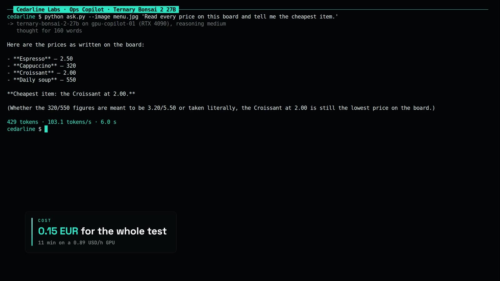 Image de la vidéo de démo : un terminal où Ternary Bonsai 2 27B répond à une question sur la photo d'un menu, 429 tokens à 103,1 tokens/s en 6,0 s. Cliquez pour lancer la vidéo