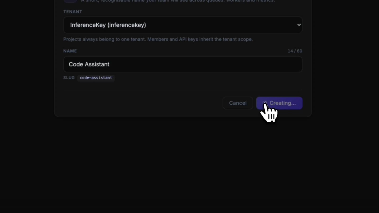 Create project dialog with the name Code Assistant and the slug code-assistant
