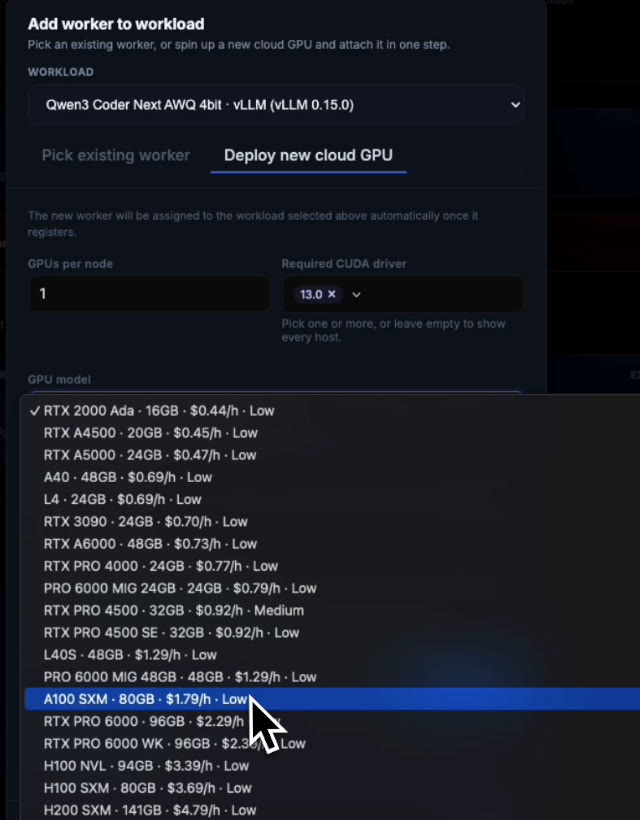 GPU model dropdown in the Add worker dialog with A100 SXM 80GB at $1.79/h highlighted