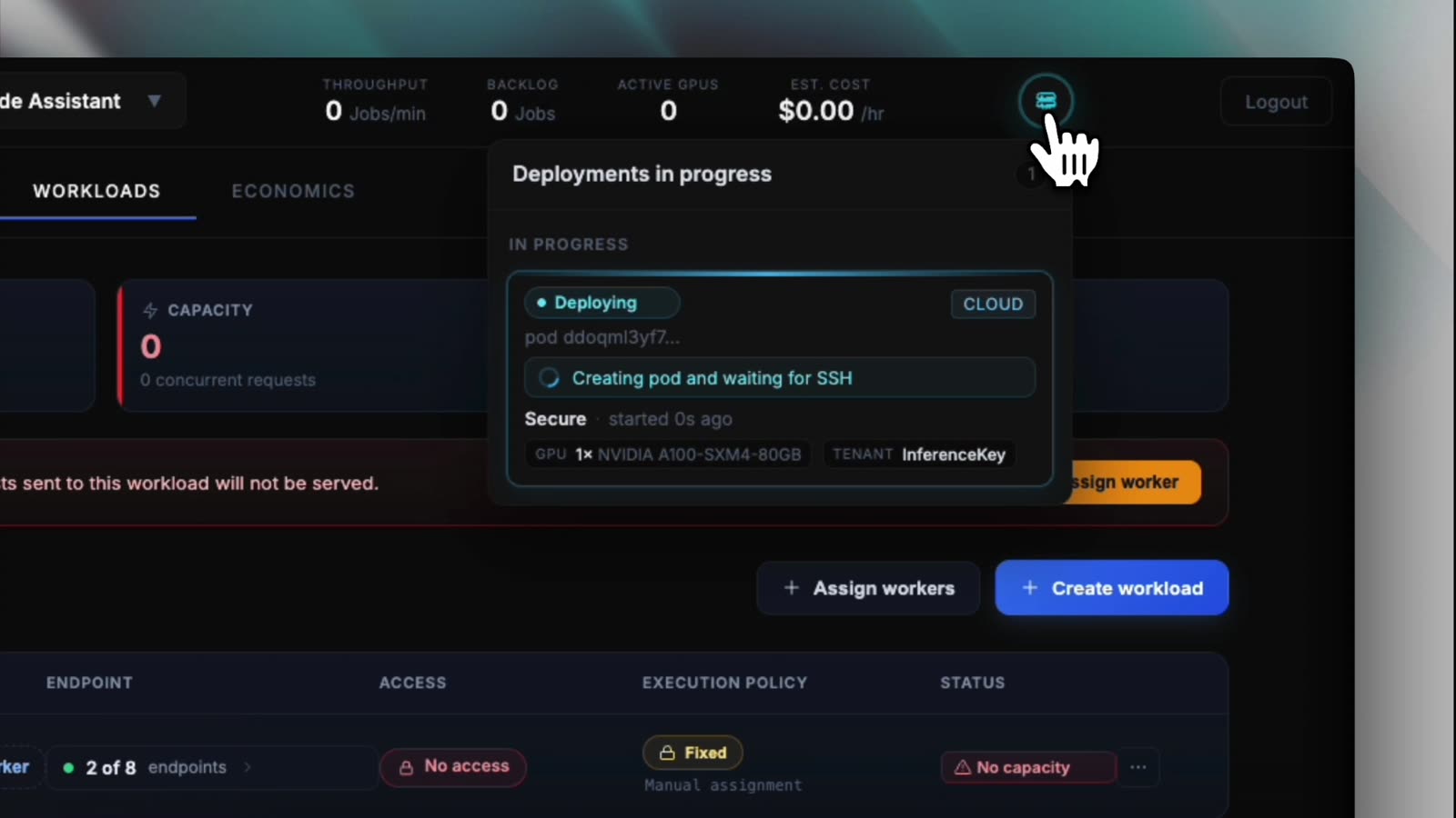 Deployments in progress popup showing a secure cloud pod with one A100-SXM4-80GB waiting for SSH