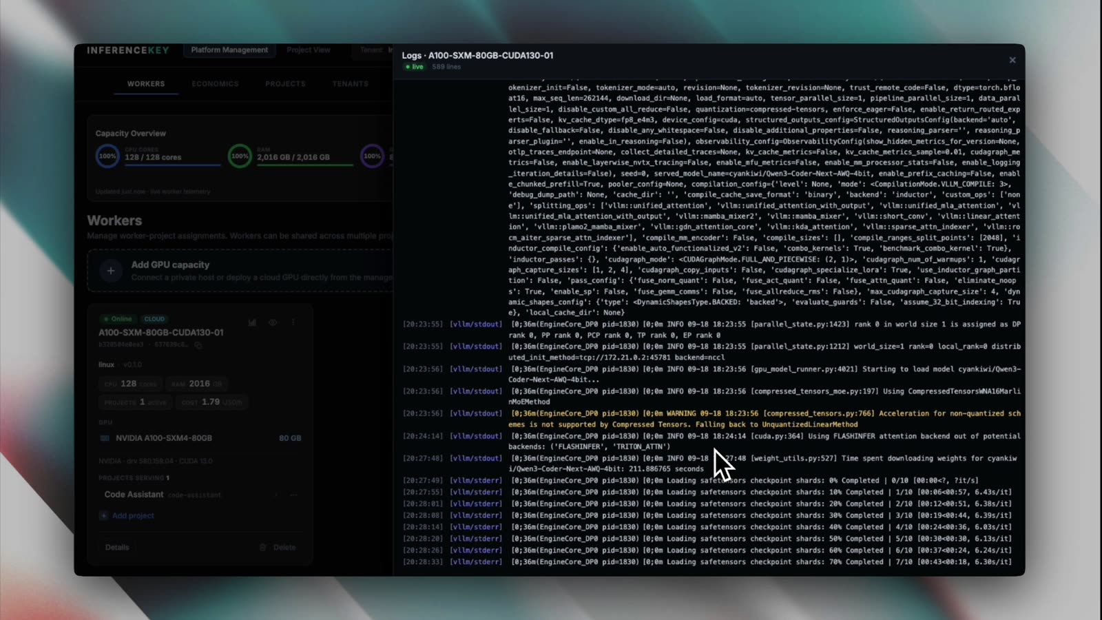 Live worker logs in the panel while vLLM loads the safetensors checkpoint shards