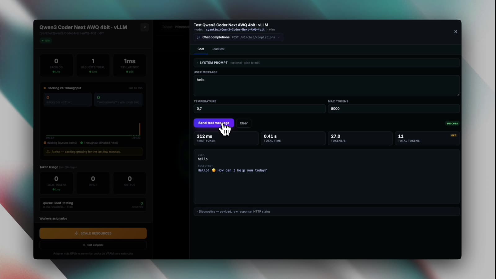 Test endpoint panel showing 312 ms to first token, 0.41 s total and 11 tokens for a hello prompt