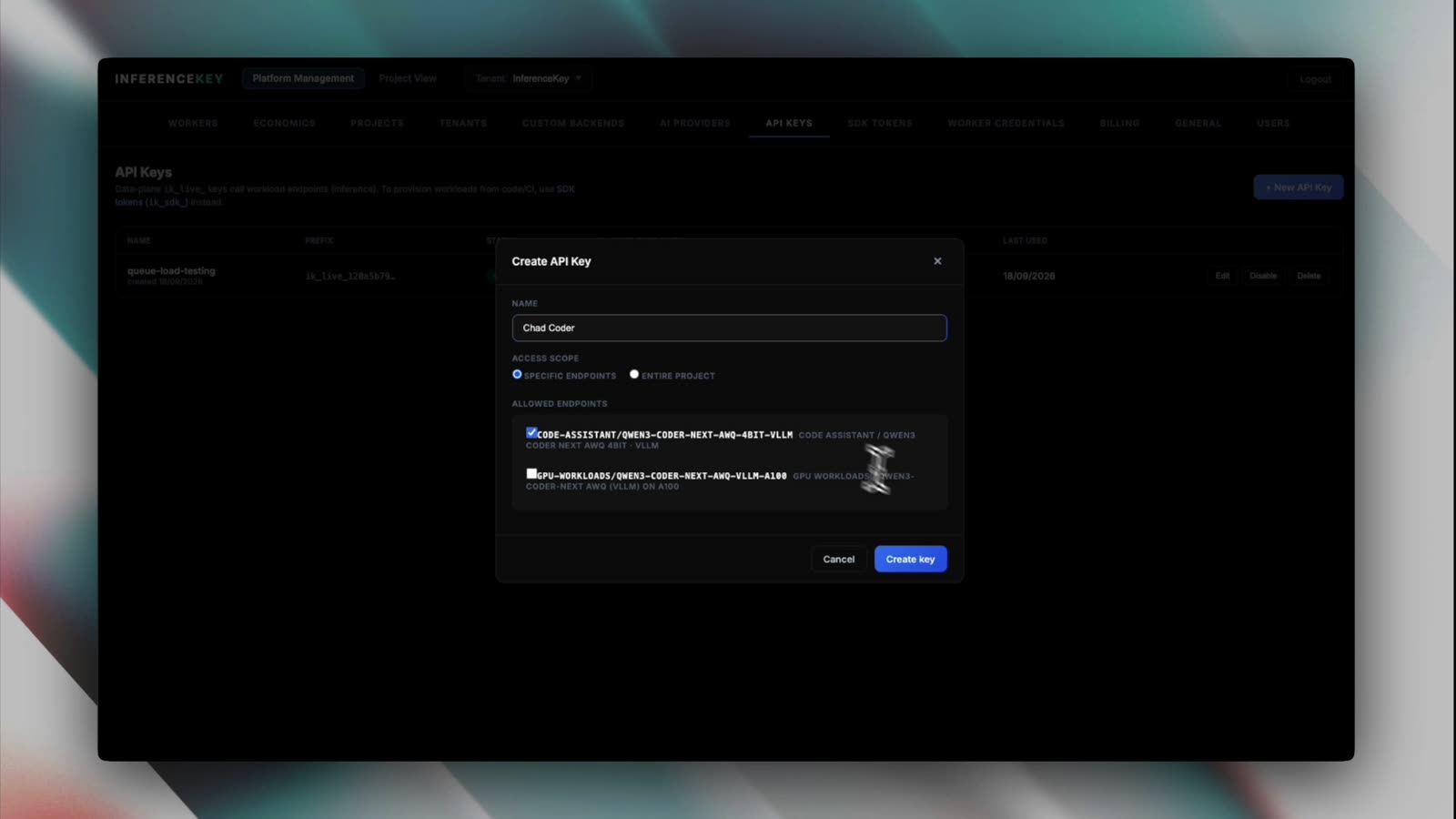 Create API key dialog for Chad Coder scoped to the single endpoint code-assistant/qwen3-coder-next-awq-4bit-vllm