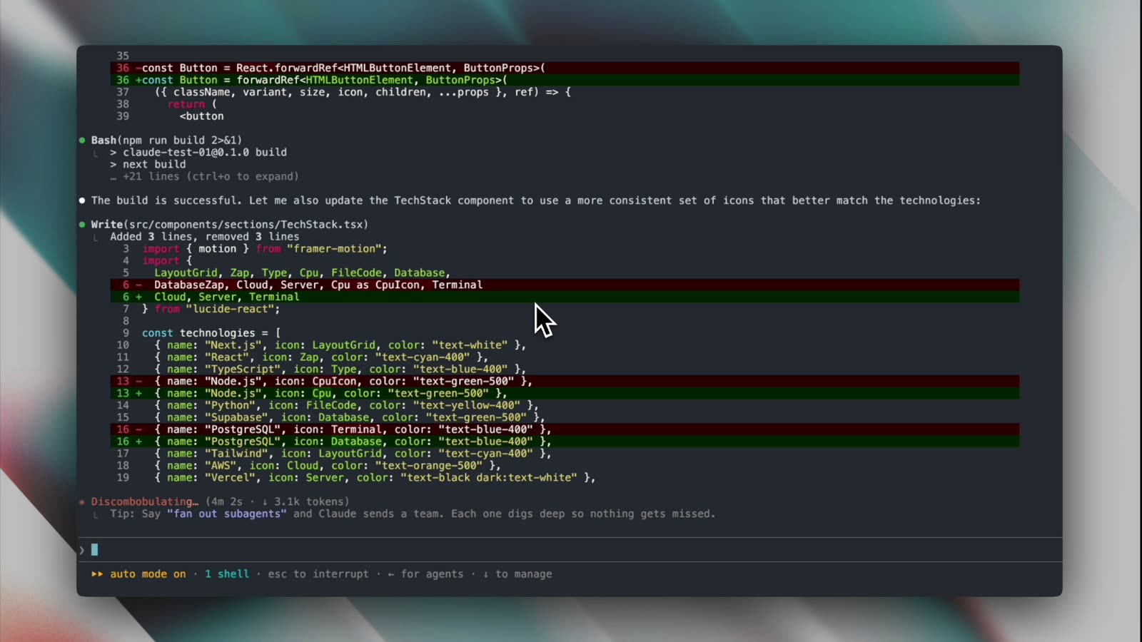 Claude Code in the terminal after a successful next build, editing TechStack.tsx