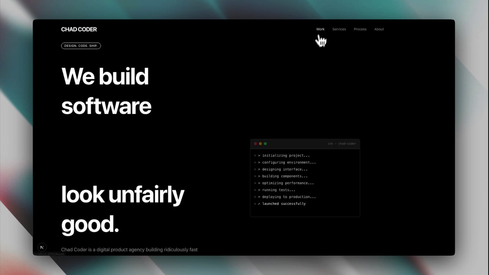 The Chad Coder landing page generated by Claude Code on the self-hosted model