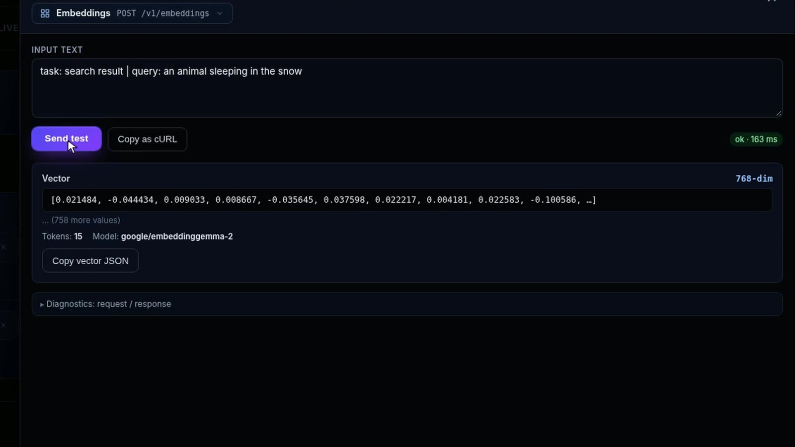 InferenceKey panel endpoint tester: the query "task: search result | query: an animal sleeping in the snow" answered by google/embeddinggemma-2 with a list of 768 numbers in 163 ms. Click to play the demo video