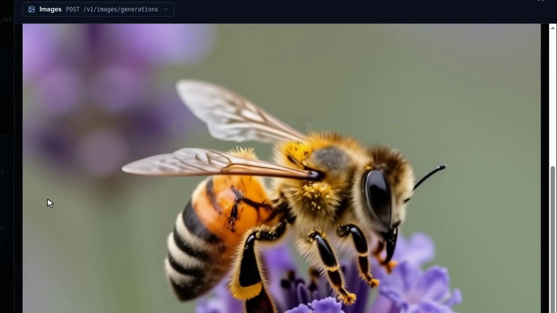 InferenceKey panel image tester showing the honeybee picture generated by Iris-3B Turbo. Click to play the demo video