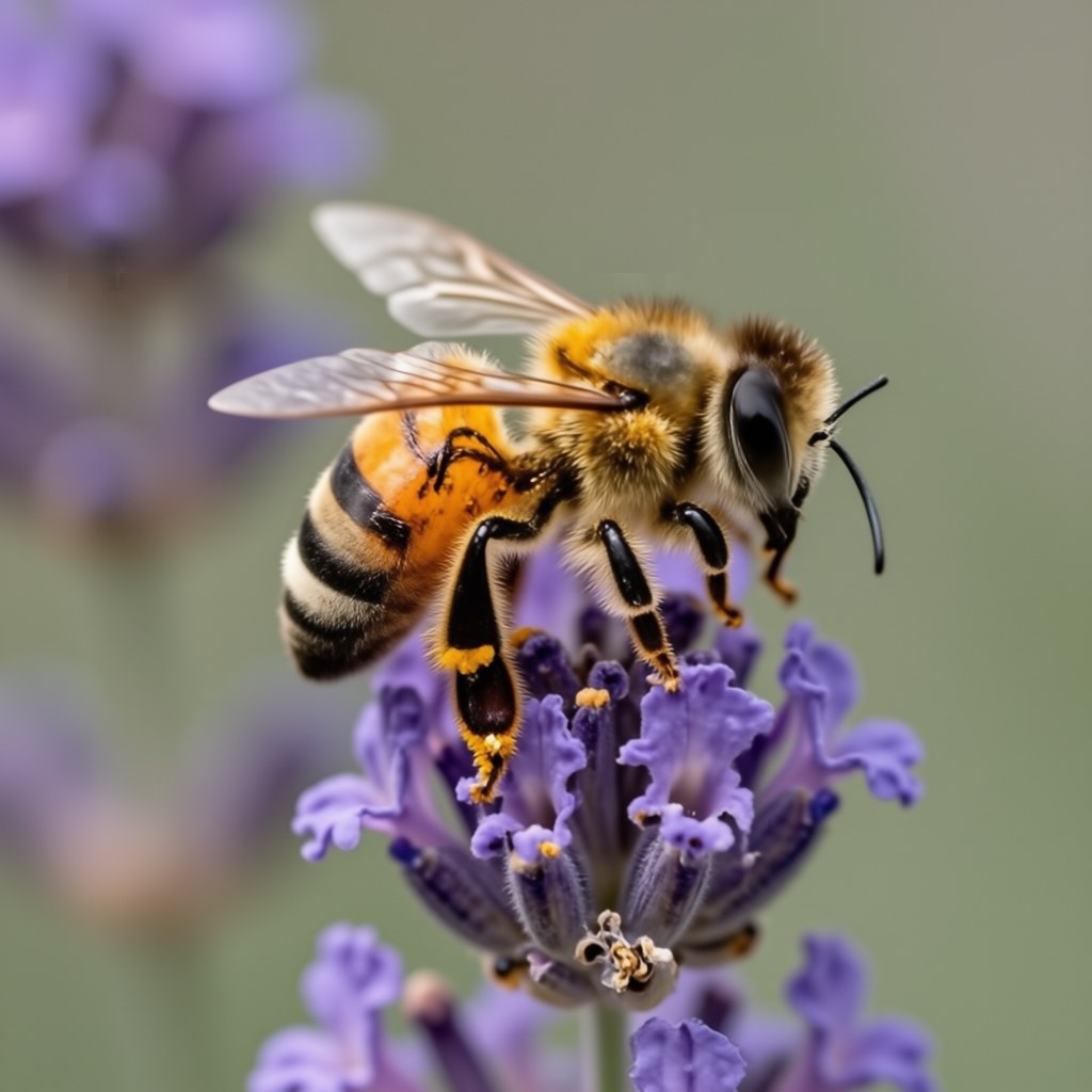 Macro photograph of a honeybee covered in pollen on a lavender flower, generated by Iris-3B Turbo