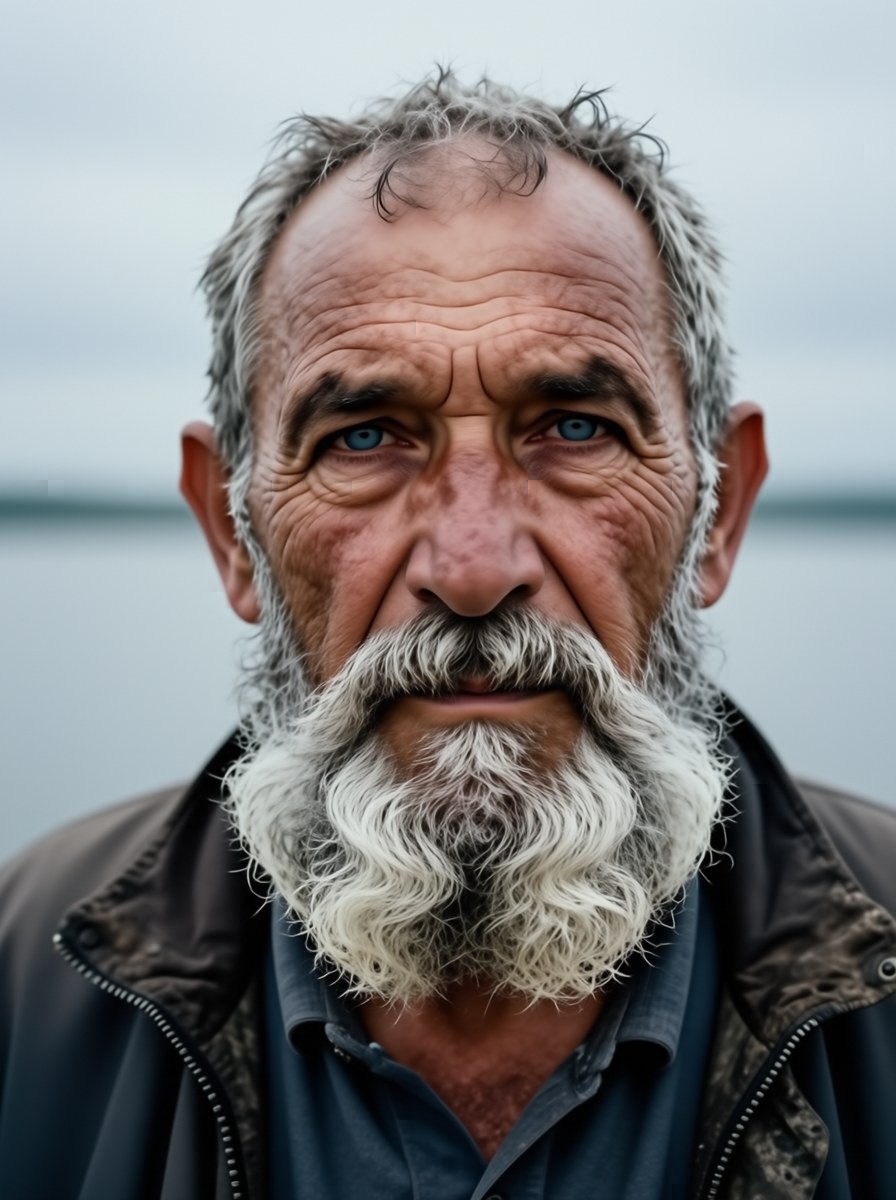 Studio portrait of an elderly fisherman with a thick grey beard and deep wrinkles, generated by Iris-3B Turbo