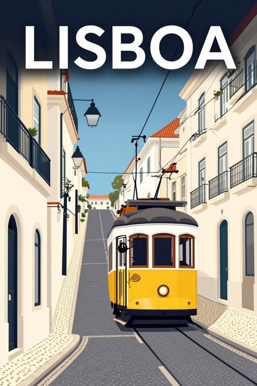 Flat vector travel poster of a yellow Lisbon tram climbing a steep street, with the word LISBOA at the top, generated by Iris-3B Turbo