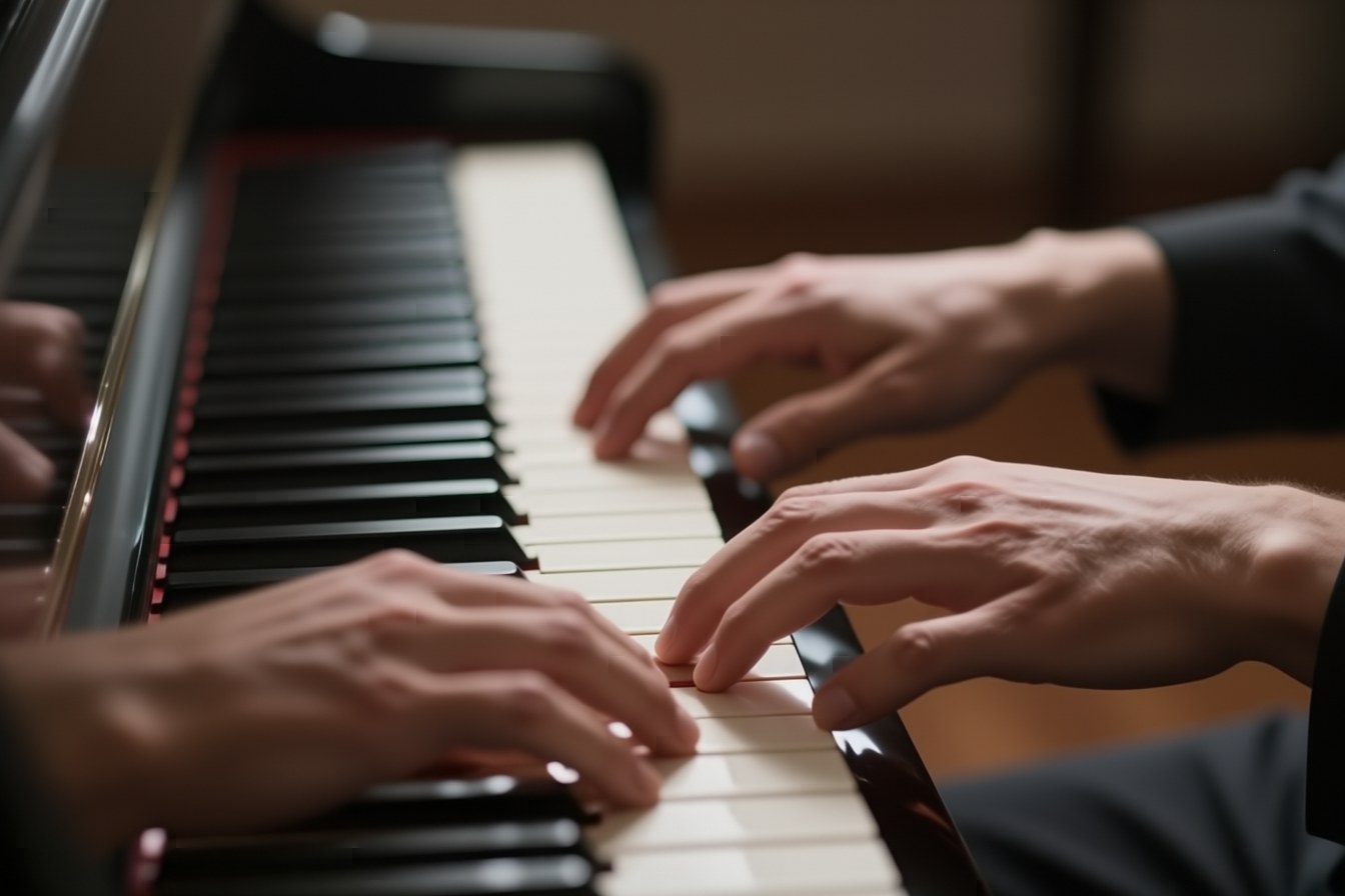 Close-up of a pianist's hands on a grand piano, with a third hand at the lower left and part of another at the top-left edge, generated by Iris-3B Turbo