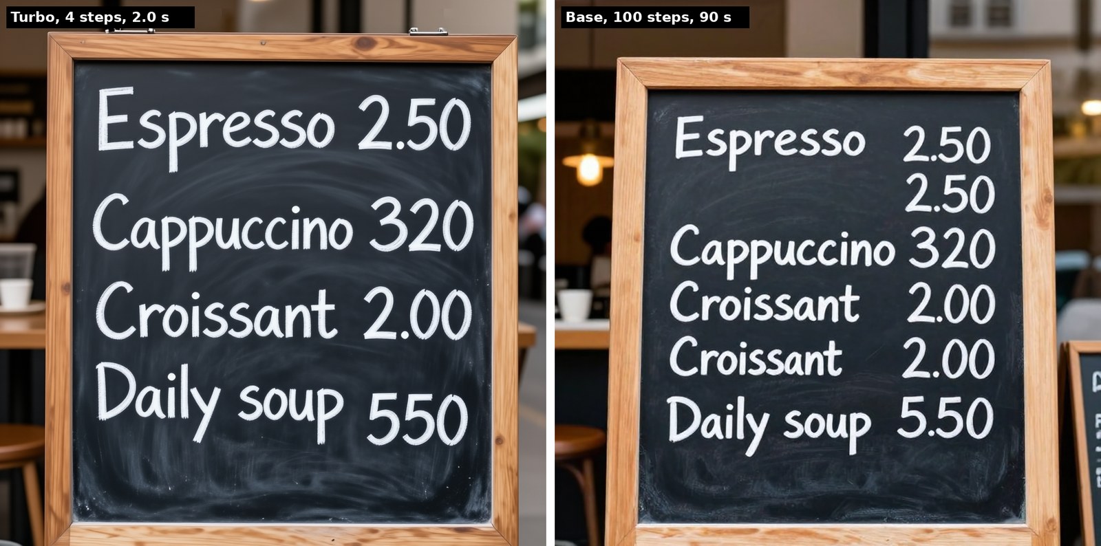 Side by side chalkboard menus. Left, Turbo in 4 steps and 2.0 s: Cappuccino 320 and Daily soup 550. Right, base in 100 steps and 90 s: Espresso 2.50 and Daily soup 5.50 right, but Cappuccino 320, a repeated 2.50 and a repeated Croissant 2.00 line