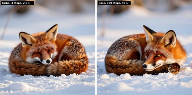 A red fox asleep in snow, generated twice by Iris-3B: Turbo in 4 steps and 2.0 s on the left, the base model in 100 steps and 90 s on the right