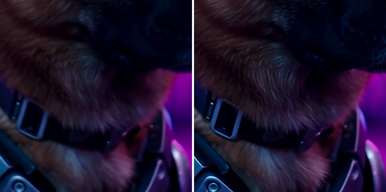Close-up of a dog's fur and collar. Left: the low-resolution crop enlarged 4x the ordinary way (bicubic). Right: the same crop enlarged 4x by the 2-step Kandinsky 6.0 super-resolution model.