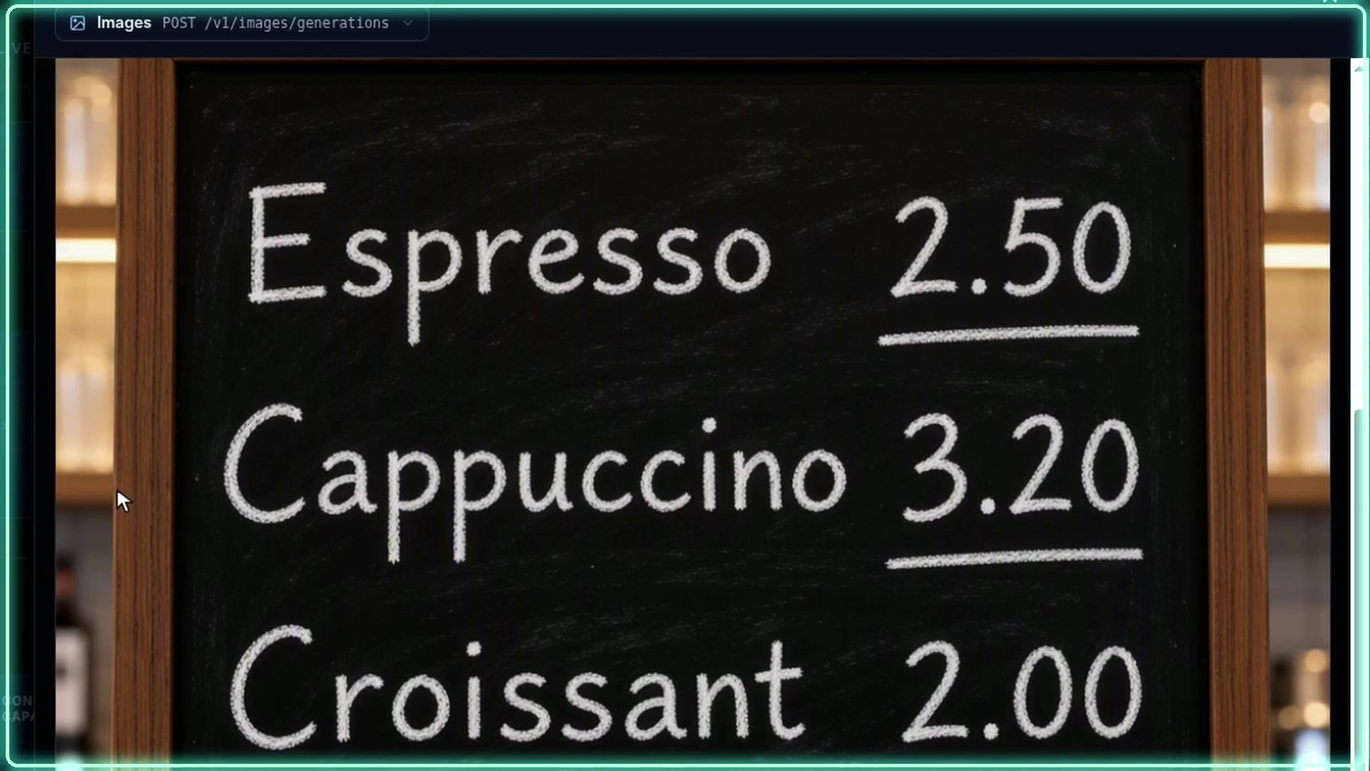 The InferenceKey panel image tester showing the chalkboard menu made by MOSS-Image with the 8-step add-on. Click to play the demo video