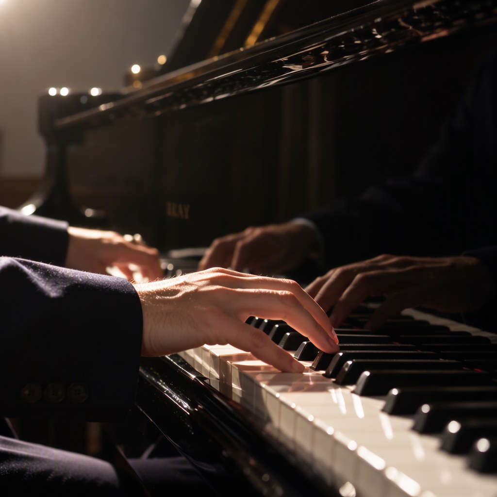 A close-up of a pianist's two hands on a grand piano, reflected in the black lacquer behind the keys, made by MOSS-Image-SFT
