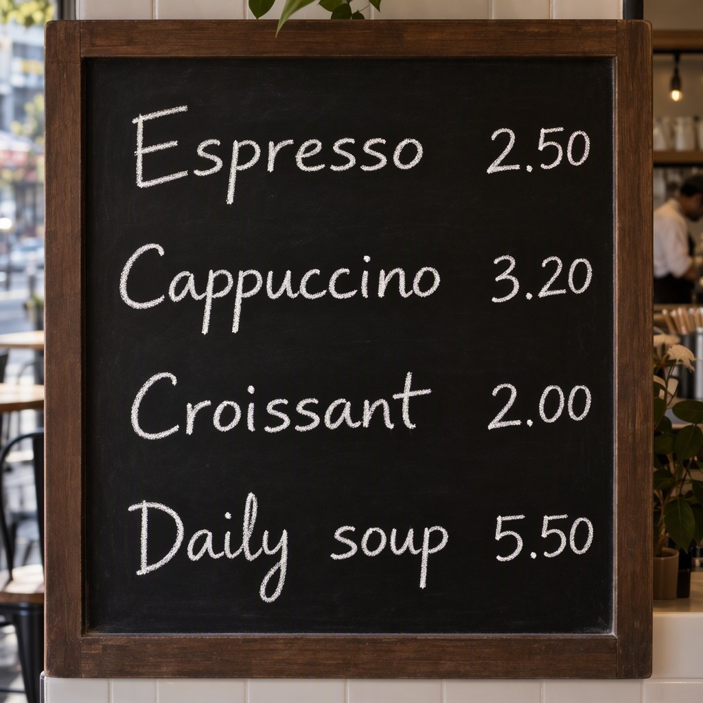 A chalkboard cafe menu reading Espresso 2.50, Cappuccino 3.20, Croissant 2.00 and Daily soup 5.50, made by MOSS-Image-SFT