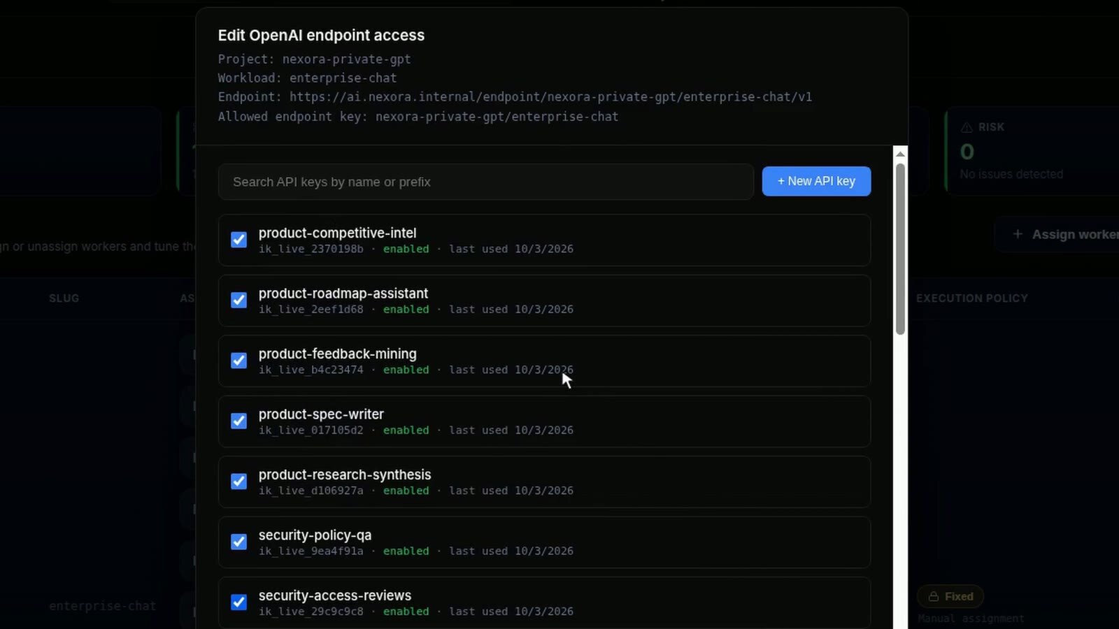 Edit OpenAI endpoint access dialog for the enterprise-chat workload: the endpoint URL and a list of API keys with checkboxes