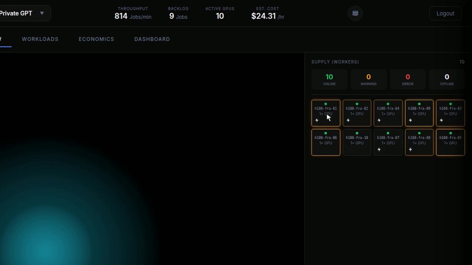 Supply panel: 10 workers online, 0 warning, 0 error, 0 offline, with the busy ones highlighted