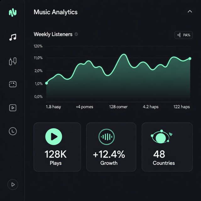 Dark music analytics dashboard at 1024 x 1024 with three stat cards, 128K Plays, +12.4% Growth and 48 Countries, all right, above a line chart whose axis labels and legend are unreadable pseudo-text
