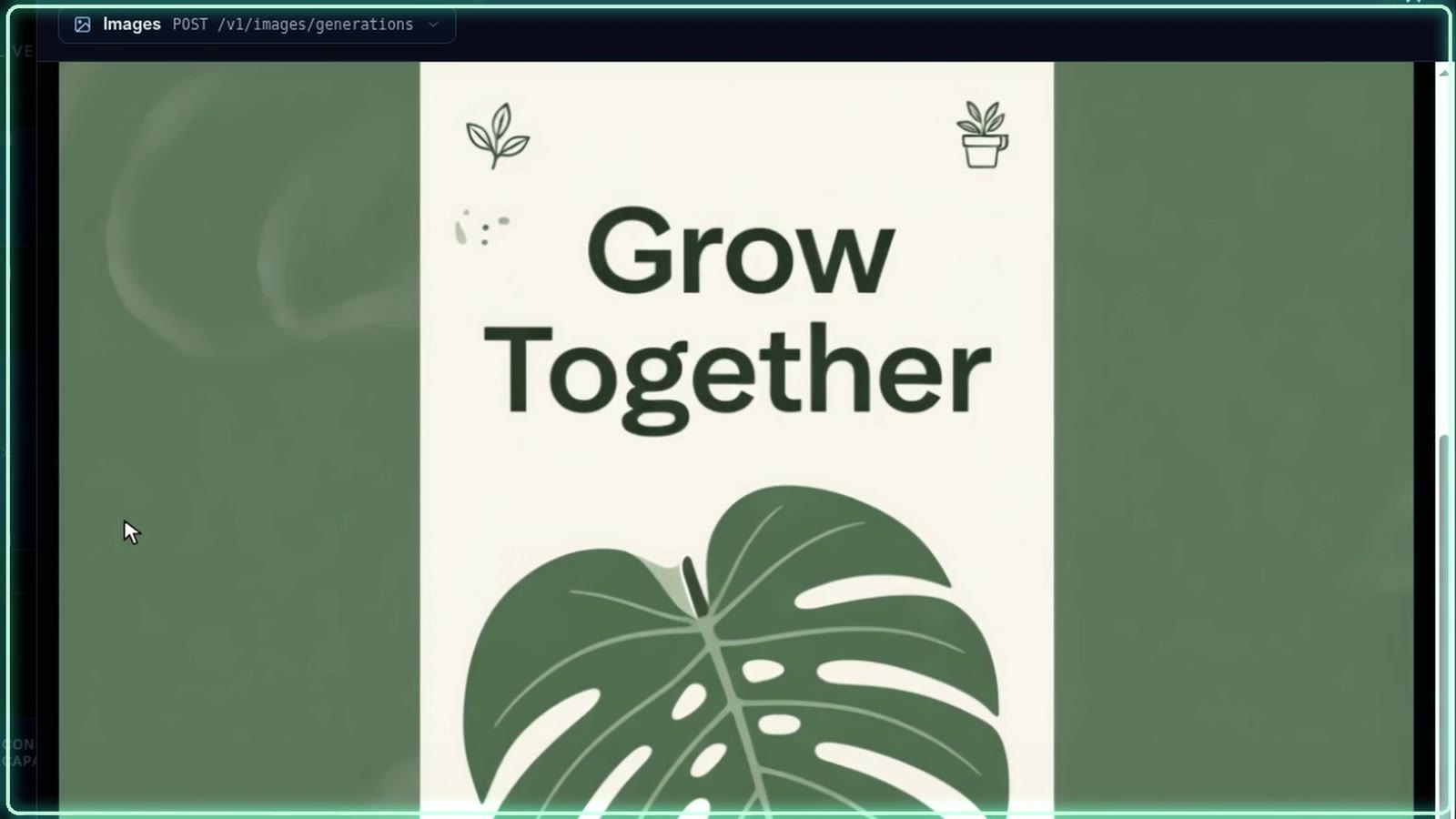 The InferenceKey panel image tester showing an onboarding screen titled Grow Together with a monstera leaf, made by Ming-Image-0.1-Design. Click to play the demo video