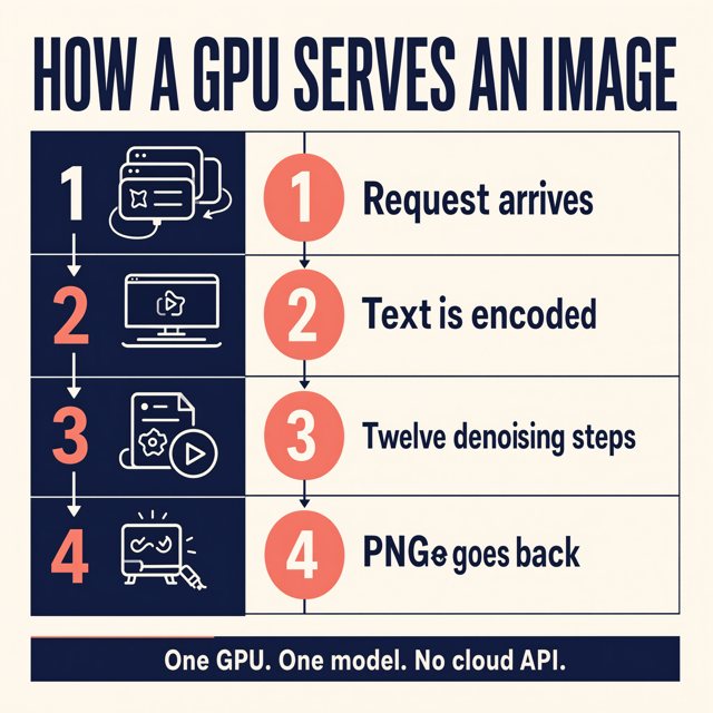 Infographic at 2048 x 2048 titled HOW A GPU SERVES AN IMAGE with four steps: Request arrives, Text is encoded, Twelve denoising steps, PNGe goes back (a glyph glitch), with each step number drawn twice, and a footer One GPU. One model. No cloud API.