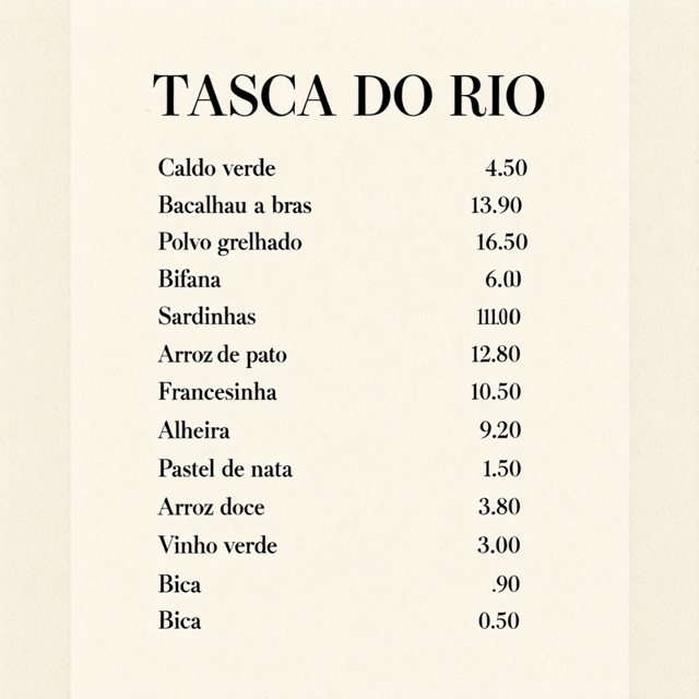 A 12-line menu titled TASCA DO RIO made at 1024 x 1024. Most dishes and prices are right, but Bifana reads 6.0l) instead of 6.00, Sardinhas reads 1110.0 instead of 11.00, and an extra line Bica 0.50 appears at the end below Bica .90