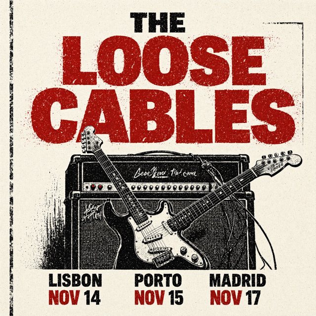 Concert poster at 2048 x 2048 made by Ming-Image-0.1-Design: THE LOOSE CABLES in large red letters over a stack of amplifiers and two guitars, and LISBON NOV 14, PORTO NOV 15, MADRID NOV 17 along the bottom, all spelled right. The small text on the amplifier is unreadable