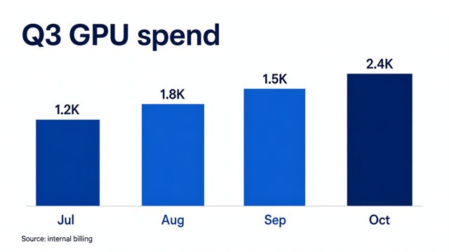 Slide at 1920 x 1080 titled Q3 GPU spend with four blue bars labeled Jul 1.2K, Aug 1.8K, Sep 1.5K and Oct 2.4K and a footnote Source: internal billing, all as prompted
