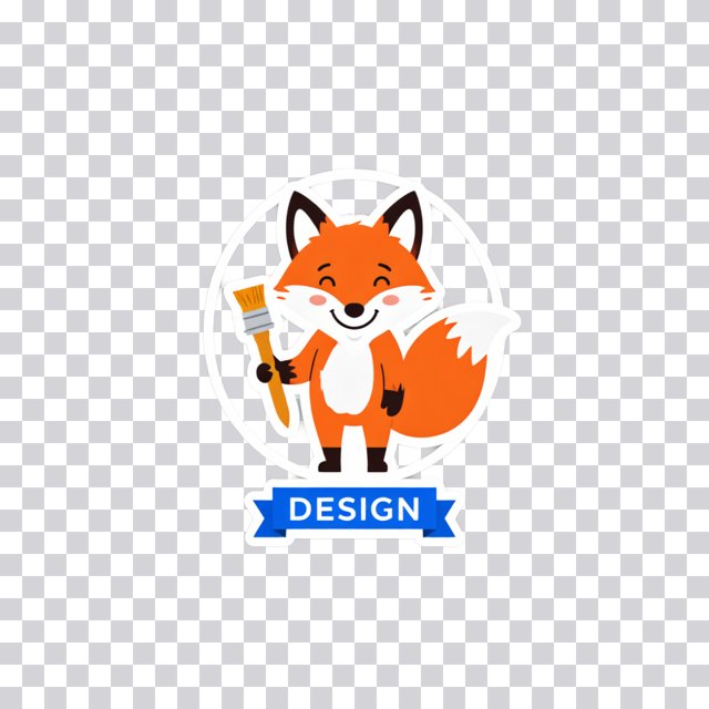 The fox sticker on a checkerboard background: an orange cartoon fox holding a paintbrush above a blue DESIGN ribbon, cut out cleanly with the checkerboard visible around it