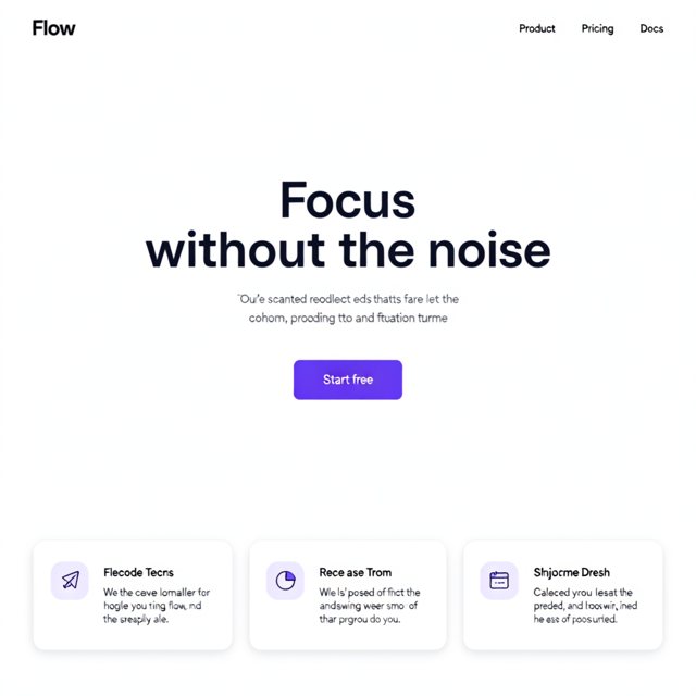 Landing page mockup at 1024 x 1024: the brand Flow, nav links Product, Pricing and Docs, the headline Focus without the noise and a purple Start free button, all right. The subheading and the three feature cards below are filled with unreadable pseudo-words