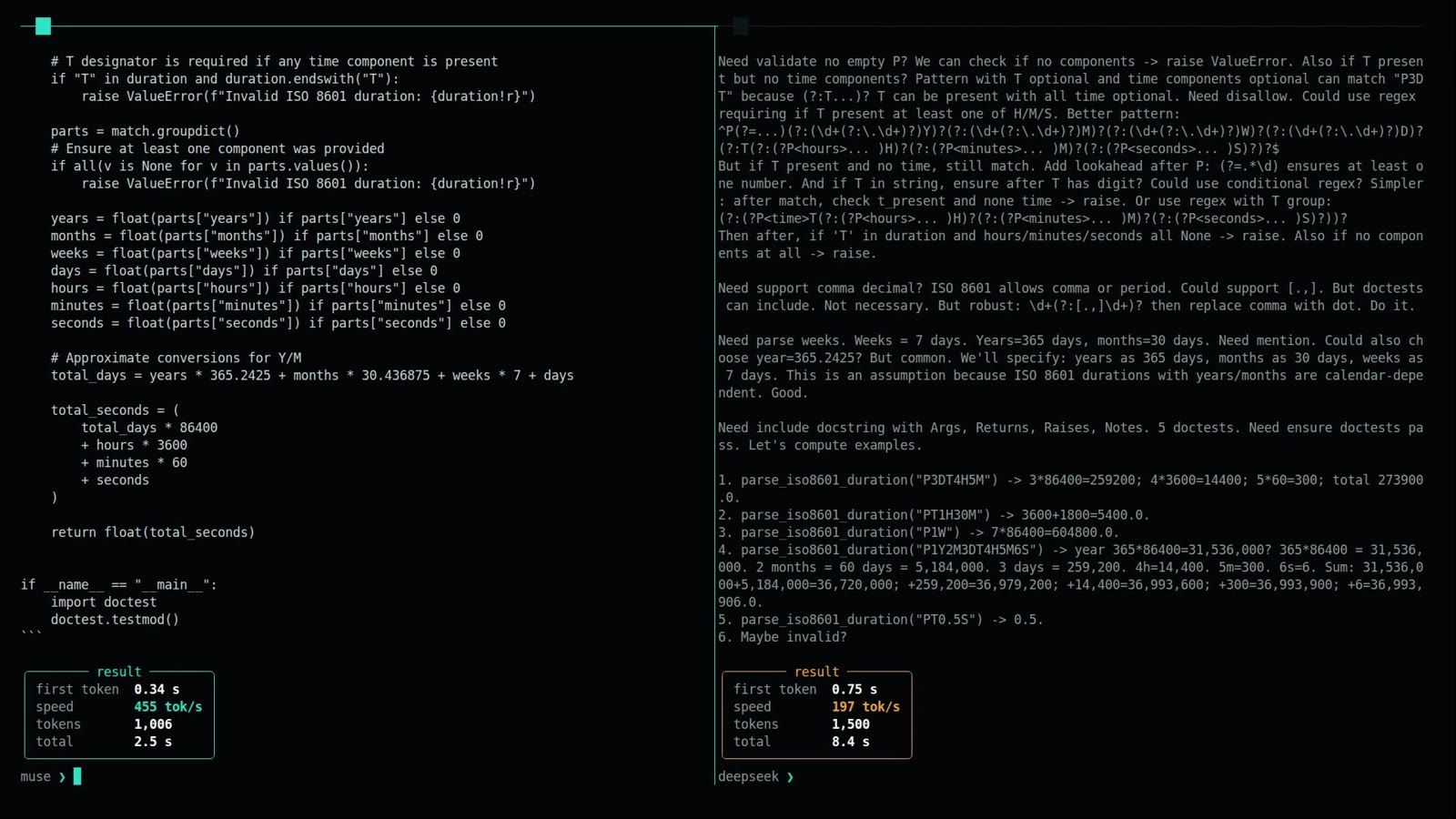 The speed race in two terminal panes. Muse Spark Open on Baseten: 0.34 s to first token, 455 tokens per second, 1,006 tokens, finished in 2.5 s. DeepSeek V4.1 Flash: 0.75 s, 197 tokens per second, 1,500 tokens, 8.4 s, its pane still full of reasoning text