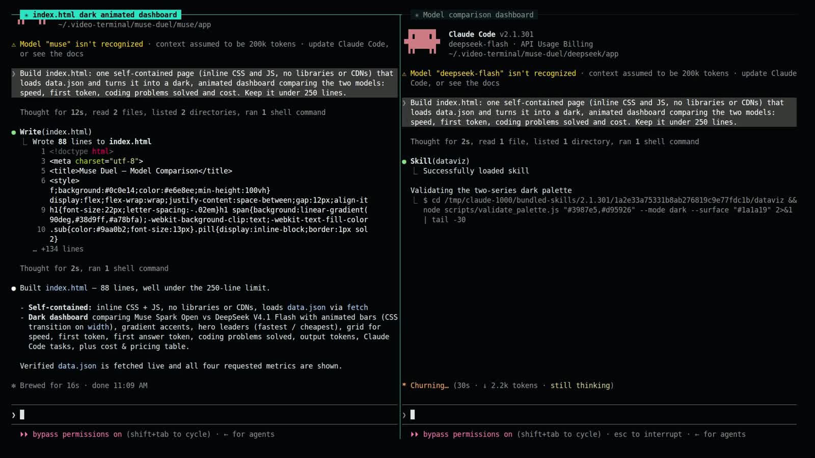 Claude Code with Muse Spark Open, done after 16 seconds and reporting that it verified the result, while the DeepSeek pane is still working
