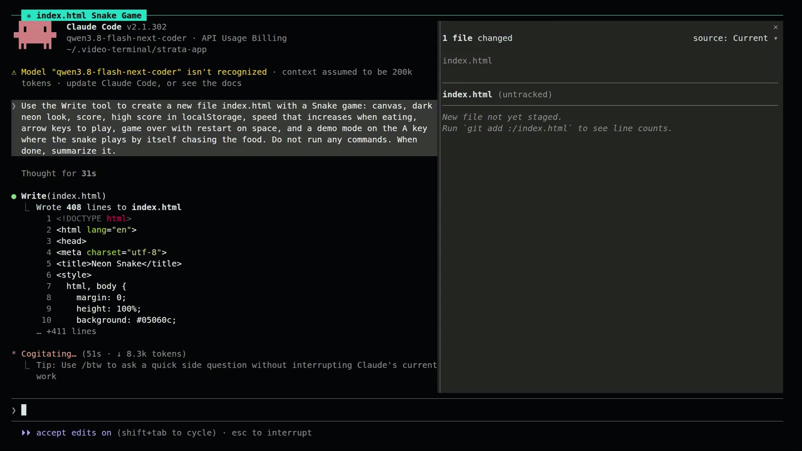 Claude Code running on the local model: one Write of 408 lines to index.html for the Snake game