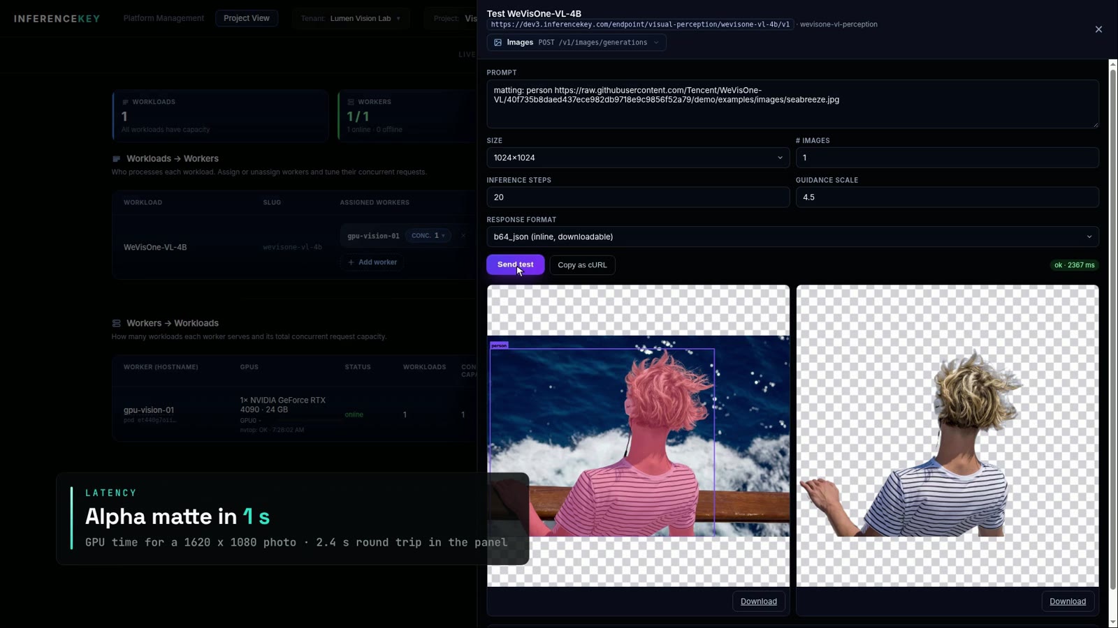 Frame at 45 seconds of the deploy demo: the matting result of the authors' portrait in the InferenceKey panel image tester, overlay and cut-out. Click to play the 1 minute 40 second narrated video