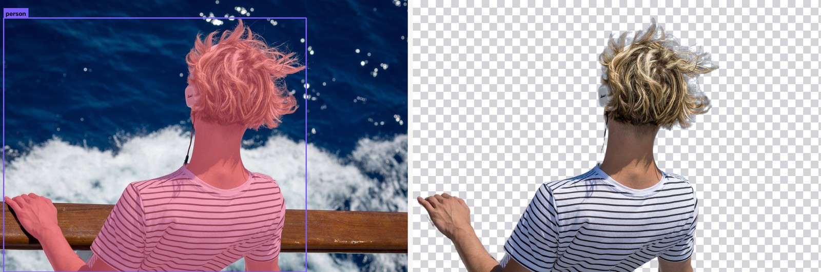 WeVisOne-VL-4B cut-out of the authors' seabreeze portrait on an RTX 4090. Left, the photo with the person box and the mask in pink. Right, the cut-out on a transparency checkerboard, with the wind-blown hair strands kept