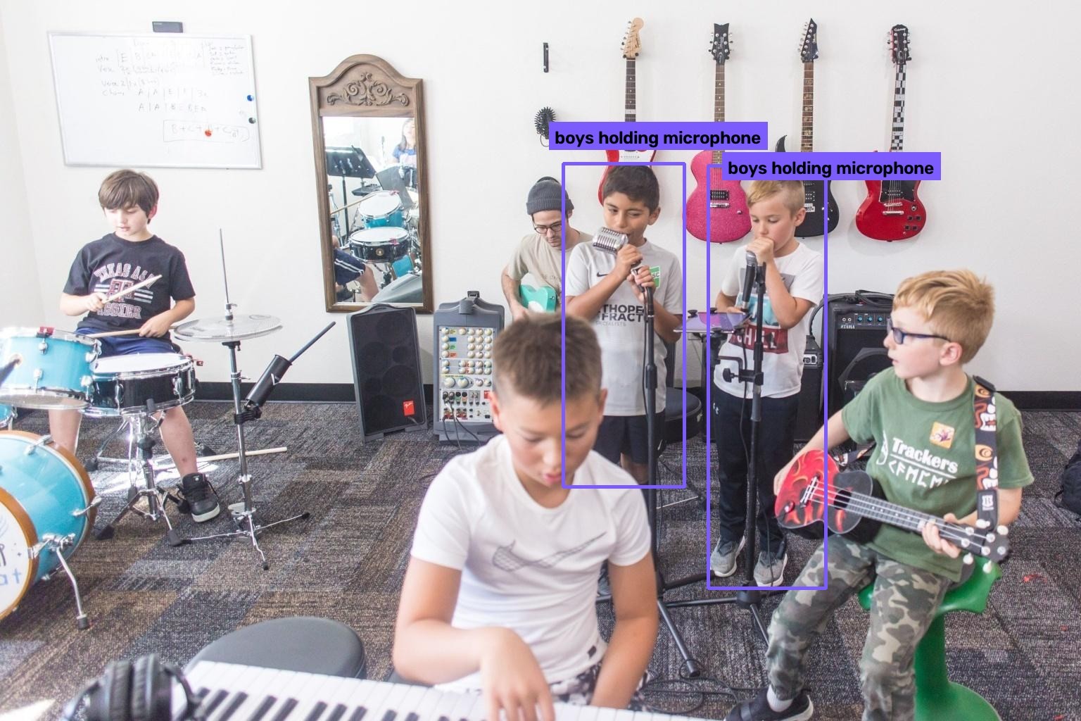 WeVisOne-VL-4B finding 'boys holding microphone' in the authors' example photo: two boxes, one on each singer