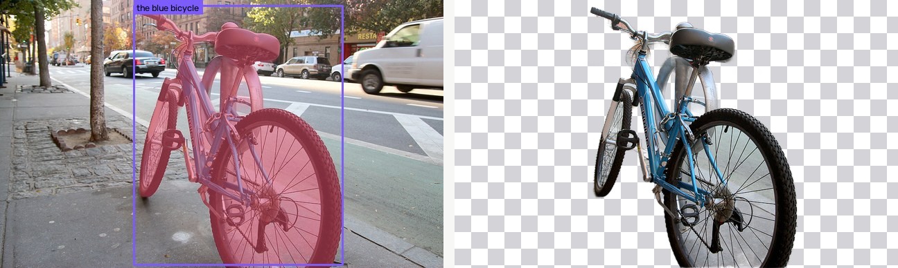 Segmentation of 'the blue bicycle' in a 640 by 388 COCO photo, mask overlaid on the bike